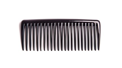 A simple black comb lies flat against a white background, showcasing its sleek design and evenly spaced teeth.