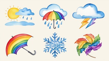 Watercolor Rainbow Weather Icons Sun Rain Umbrella Storm Snow and Feathers