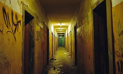 Abandoned corridor in a derelict building, showcasing peeling walls and scattered debris, evoking a sense of neglect