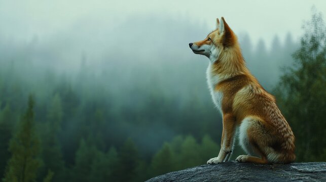 Red fox sitting on a rock, gazing into a misty forest.