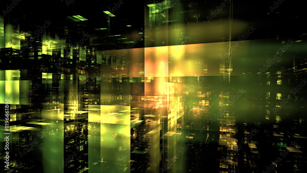 Poster this artwork presents a captivating blend of green and yellow light emanating from tall structures, 