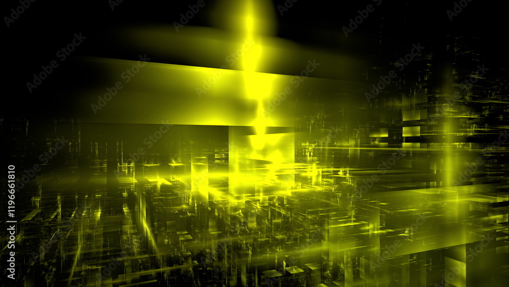 Poster vibrant digital landscape displays glowing yellow lines against a dark background, creating a futuri