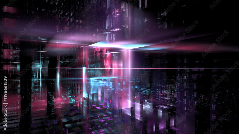 Poster striking display of colorful light beams and geometric patterns creates a dynamic atmosphere within 