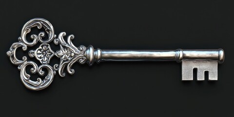 Ornate silver skeleton key on dark background