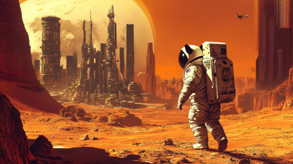 An astronaut panda walks on Mars with a futuristic space colony city and advanced buildings in the background under an orange sky.