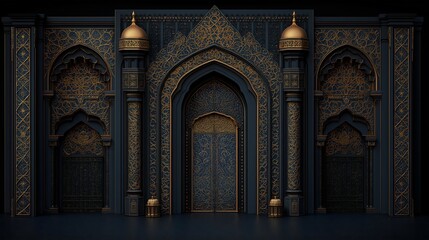 Intricate Islamic geometric patterns and arabesque designs are showcased in rich gold and deep blue tones. Ornate calligraphy spells Eid Mubarak, reflecting traditional artistry