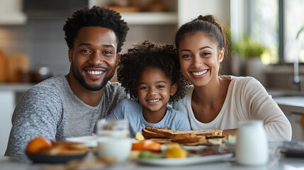 Portrait of happy african american family having breakfast at home