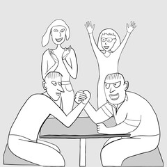 Two guys compete in arm wrestling, and two girls look at them in delight.