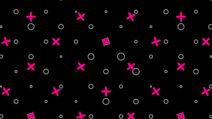 A striking abstract pattern of bright pink crosses and gray circles scattered on a black background, creating a bold and dynamic neon-inspired modern design