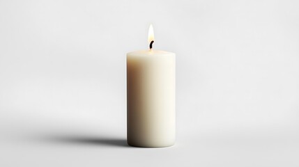 A simple white candle stands alone, with a soft flame flickering atop, set against a minimalistic background.