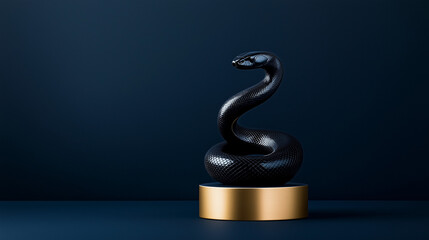 Sculptural black snake on a golden pedestal, minimalist luxury design, navy blue background - Year of the Snake theme