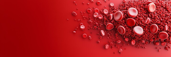 Clogged Blood Vessel concept. Abstract red background with scattered red blood cells.