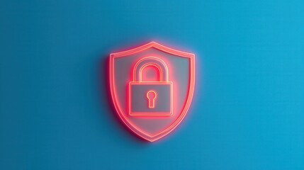 Cyber security and sleek, A neon shield with a padlock symbol represents security and protection against digital threats on a blue background.