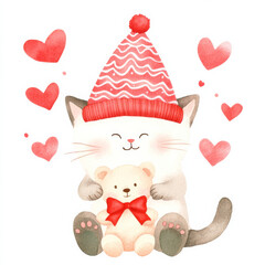 Fototapeta premium Cute cat wearing red hat, holding teddy bear with bow, surrounded by hearts. This adorable illustration evokes warmth and joy, perfect for children decor or greeting cards