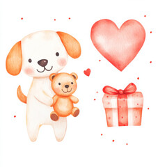 Fototapeta premium Cute dog holding teddy bear with heart and gift box, perfect for children illustrations and greeting cards