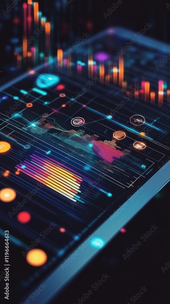 Poster futuristic digital data visualization on a tablet screen advanced technology interface neon color di
