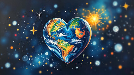 Fototapeta premium Earth in Heart Shape, Artistic heart-shaped Earth surrounded by stars and cosmic elements