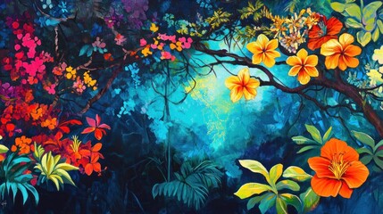 Vibrant tropical rainforest scene with colorful flowers and foliage, glowing light.