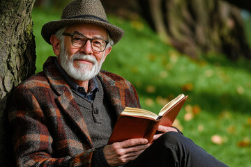Senior man reading book outdoors, enjoying peaceful moment in nature