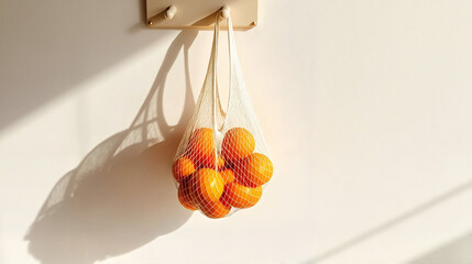 Reusable Shopping Bag, White mesh reusable shopping bag filled with oranges hanging on a wall