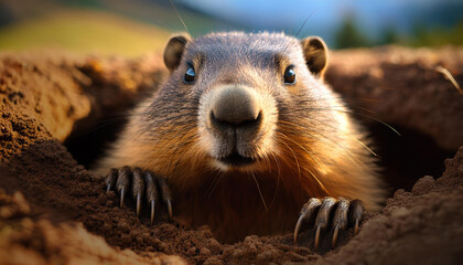 A close-up portrait of a groundhog peeking out of its burrow.