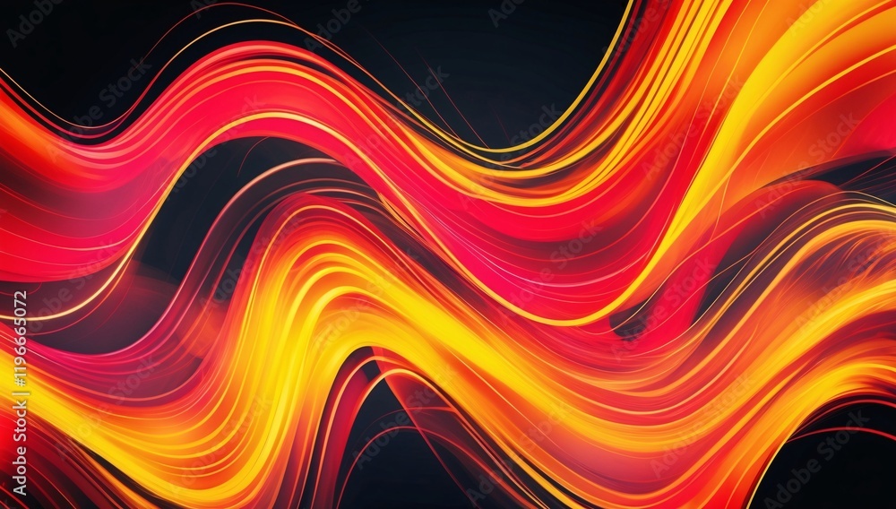 Poster colorful abstract artwork featuring dynamic red and yellow lines on a black background, creating an 