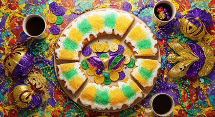 Naklejka premium Colorful king cake slices, beads, and traditional doubloons on a vibrant tablecloth. Mardi Gras Celebration.