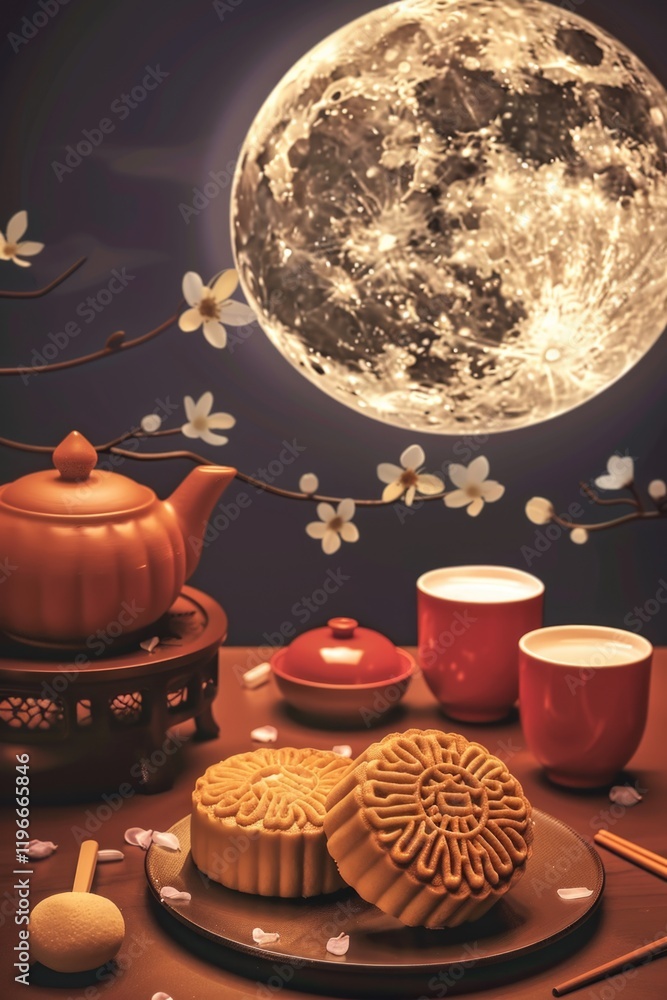 Poster plate of mooncakes is on a table with a teapot and cups. the image has a serene and peaceful mood, w