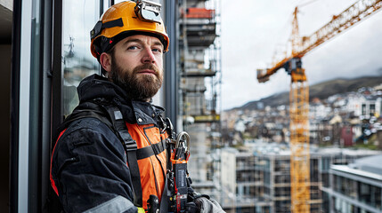 Fototapeta premium A professional technician in safety gear carefully secures a glass pane to a window, with cranes and scaffolding in the background