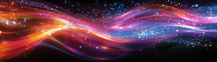 Obraz premium Vibrant Abstract Light Trails with Sparkling Particles in a Dynamic Wave Pattern on a Dark Background