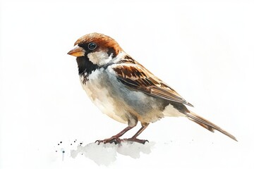 Hand-painted watercolor illustration of a robin perching on a branch in nature.