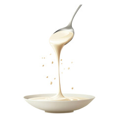 Sweet condensed milk flowing down from spoon into bowl isolated on transparent white background, clipping path