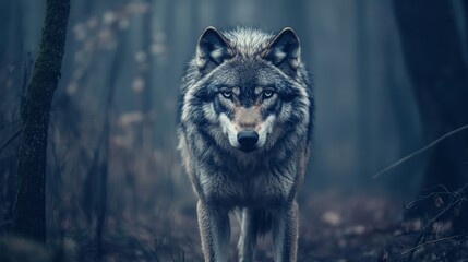 Majestic wolf in a dark forest
