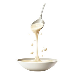 Sweet condensed milk flowing down from spoon into bowl isolated on transparent white background, clipping path