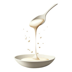 Sweet condensed milk flowing down from spoon into bowl isolated on transparent white background, clipping path