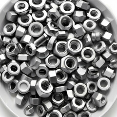 Modern bolts, nuts, and small washers of various types arranged randomly over white. Generative AI