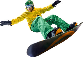 Snowboarder in vibrant yellow and green outfit maintaining balance during snowboarding session,...