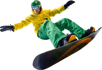 Snowboarder in vibrant yellow and green outfit maintaining balance during snowboarding session, against transparent background, representing adventure and skill. Concept of extreme sport, energy.