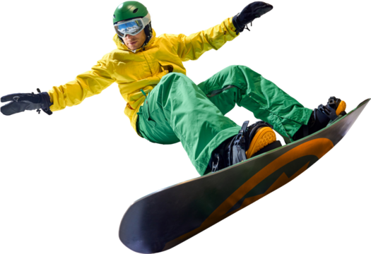 Snowboarder in vibrant yellow and green outfit maintaining balance during snowboarding session, against transparent background, representing adventure and skill. Concept of extreme sport, energy.