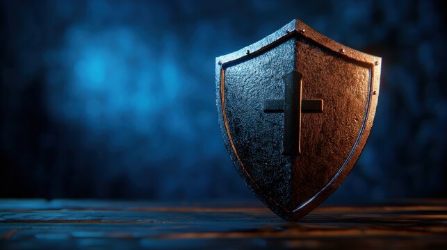 Faith's Fortress: A Metallic Shield Emblazoned with the Cross, Symbolizing Divine Protection and Spiritual Strength
