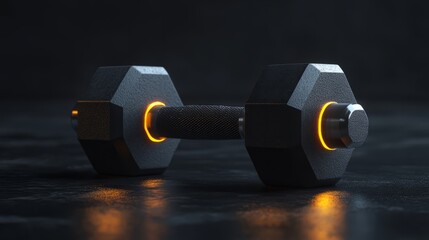 A 3D-rendered hexagonal dumbbell with matte grey finish, glowing edges, set against a black background with minimal lighting 