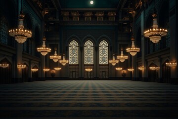 Obraz premium An illuminated mosque interior reveals intricate chandeliers and vibrant stained glass. Moonlight softly streams through ornate windows, enhancing the serene nighttime atmosphere