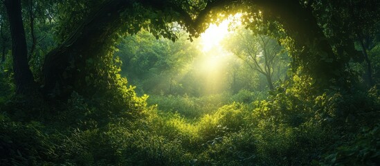 Enchanting Heart-Shaped Forest Canopy with Sunlight Streaming Through Lush Greenery in a Serene Woodland Setting