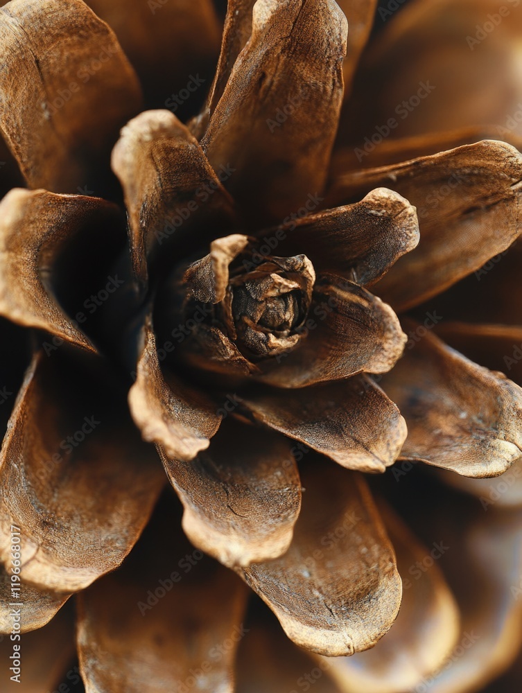 Poster close-up macro shot showing texture and intricate patterns on pinecone surface.
