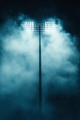 Bright floodlights cast a powerful glow amidst swirling fog, creating an eerie yet captivating atmosphere during a quiet night. The scene is unsettling yet visually striking.