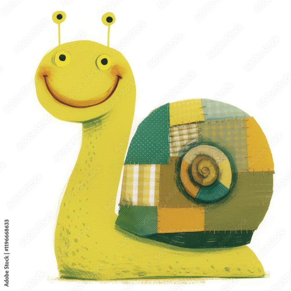 Poster cheerful yellow snail with colorful patchwork shell and smiling face