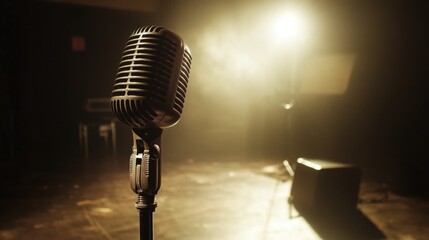 Microphone on a stage, lighting focused on the performer.