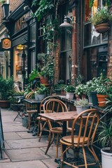 Fototapeta premium City scene with cafe on sidewalk, offering outdoor seating.