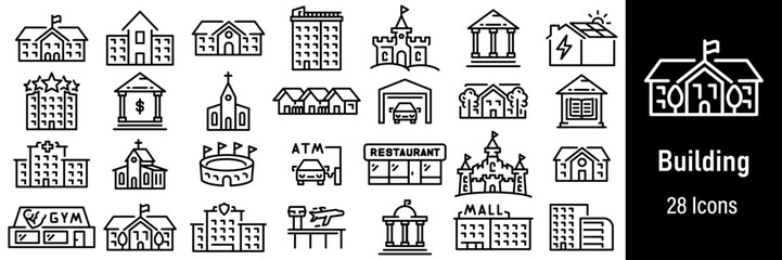 Fototapeta premium Building Web Icons. Infrastructure, Airport, Police, Hotel, House. Vector in Line Style Icons