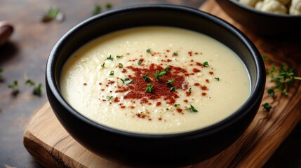 Creamy soup served in dark bowl garnished with herbs and spices,